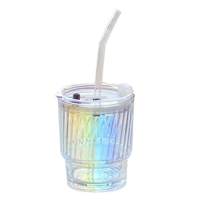 Iridescent ribbed glass coffee cup with matching straw and lid on white background
