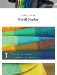 Detail show of rainbow striped mohair scarf featuring soft brushed texture and colorful fringe