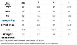 Tableau des tailles pour ensemble jean débardeur et short avec mesures de XS à L en cm