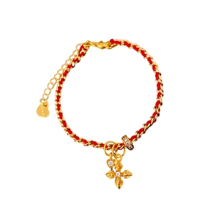 Gold-plated red woven bracelet with a zirconia cross pendant and heart-shaped charm