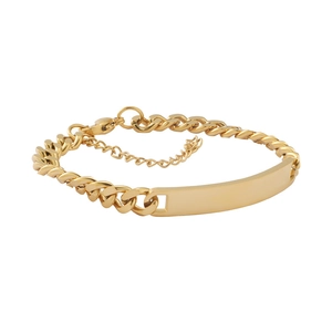 Detailed view of the gold cuban chain bracelet featuring a polished rectangle ID plate