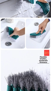 Close-up of flexible cleaning brush with dense bristles for kitchen sink and tile corners