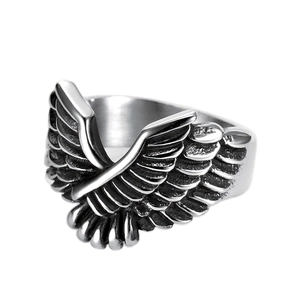 Vintage stainless steel eagle wing ring for men with detailed feather texture and silver finish
