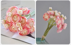 Detail of pink and white ranunculus silk bouquet with realistic petals in a vase