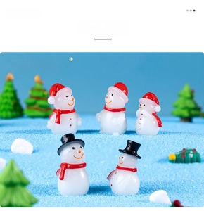 Detailed view of 5 mini Christmas snowman figurines in a snowy micro landscape setting