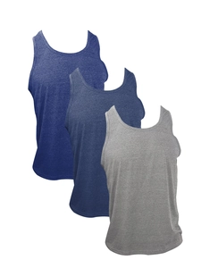 Three-pack of men's sleeveless fitness vests in blue, dark blue, and light grey marl fabric