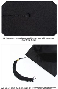 Detail showing the graduation cap flat top and long black tassel with gold metal clasp