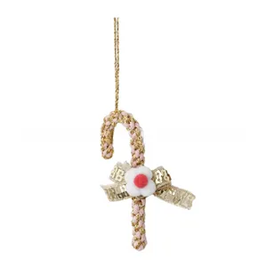 Pink candy cane Christmas tree ornament with golden bow and floral details