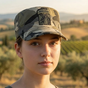 Classic camouflage flat top military cap with airborne embroidery for men and women