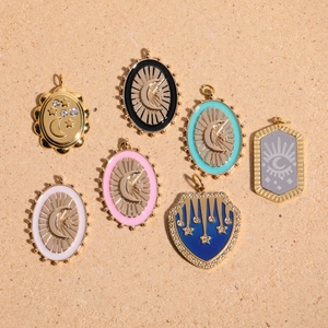 Copper Tarot Pendant For Jewelry Making DIY Necklace Enamel Moon Star Sun Eye Zircon Inlaid Gold Plated Charms