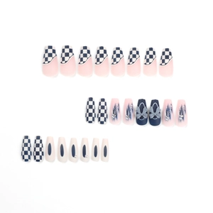 Blue checkerboard press-on nails with 3D bows, pearls, and glitter in coffin shape