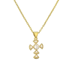 Collana a croce dorata con zircone centrale e perle bianche su catena a O lucida