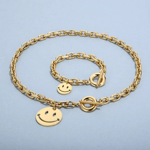 Gold stainless steel smiley face pendant necklace and bracelet set with OT buckle