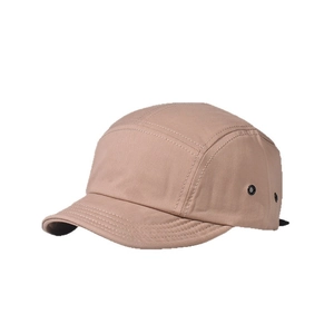 Retro khaki 5-panel short brim baseball cap with metal eyelets and white stitching
