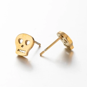Gold stainless steel punk skull stud earrings shown from front and side angles