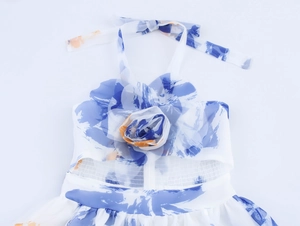 Detail von 3D-Blumenakzent und Pinselstrich-Druck auf Neckholder-Organzakleid