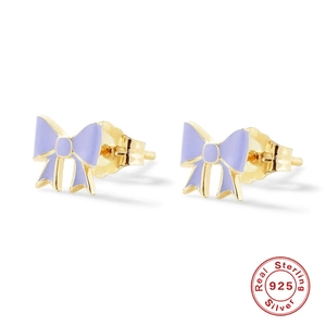 S925 sterling silver bow earrings with lavender enamel and 18K gold plating finish