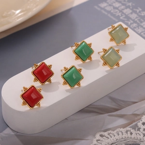 Vintage Geometric Square Natural Stone Stud Earrings For Women Titanium Steel Gold Plated Retro Fashion Jewelry Accessories Gift