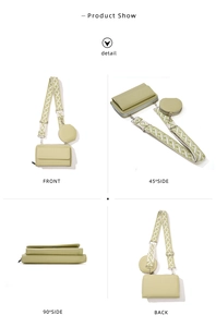 Multiple views of light green crossbody mobile phone bag with wide jacquard strap