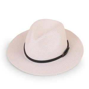 Detailed macro view of white woven straw texture and brown leather belt on a fedora hat