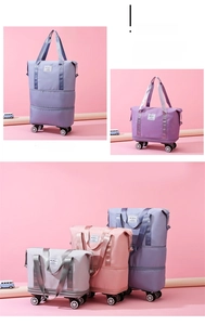 Detail view of expandable travel duffel bag with smooth rolling swivel wheels in three colors