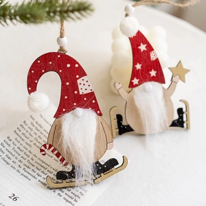 Nordic wooden Christmas tree ornaments featuring reindeer and gnome figures with faux fur