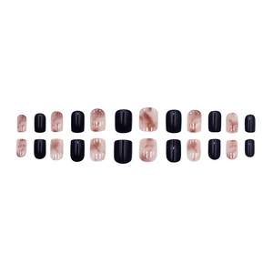 Short square amber marble press-on nails with deep blue and brown swirl patterns