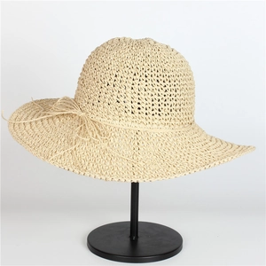 Cappello di paglia a tesa larga pieghevole da donna con fiocco per spiaggia