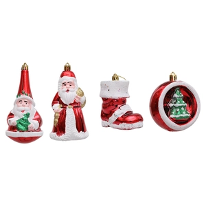 Festive 4-piece Christmas tree ornament set with Santa, boot and tree icons