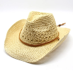 Western Cowboy Hat Breathable Hollow Straw Sun Protection Wide Brim Summer Beach Hat With Adjustable Windproof Rope