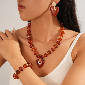 Heart Pendant Beaded Necklace Retro Acrylic Marble Texture Resin Beads Elegant Vacation Style Jewelry For Women