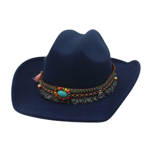 Ethnic dark blue felt cowboy hat with bohemian beaded band and turquoise stone decor