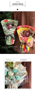 Close-up of Christmas kraft paper gift bouquets with Santa Claus patterns and festive lettering