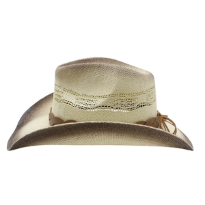 Close-up of woven straw cowboy hat with gradient brim and braided leather trim belt