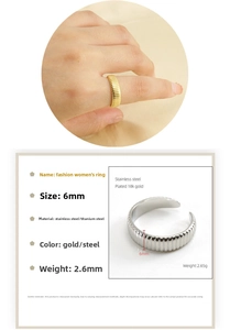 Detailed view of 6mm ribbed stainless steel rings in gold and silver finishes