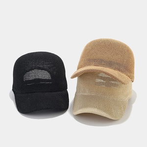 Breathable paper straw knitted baseball caps in black and beige with adjustable strap