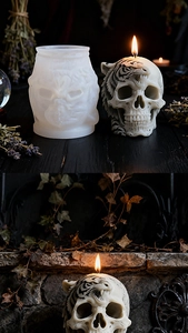 Detailed DIY silicone mold and finished tiger skull candle for Gothic home decor