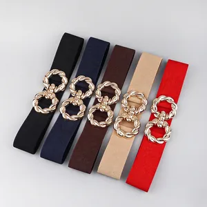 Five elastic wide waist belts for women with interlaced gold buckles in various colors