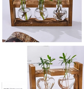 Close-up of bulb and heart-shaped glass vases on a natural wooden stand for plants