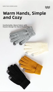 Detail of four knit touchscreen gloves in gray, cream, ginger, and black with textured patterns