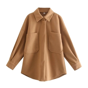Flat lay of camel oversized shirt jacket with large pockets and collar detail in size XS