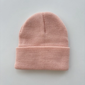 Pink rib-knit winter beanie for kids featuring a double-layer warm thickened design