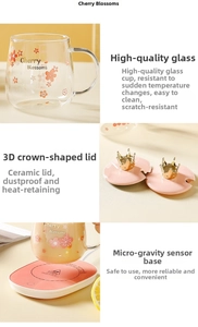 Detail of cherry blossom glass cup with golden crown lid and heating base