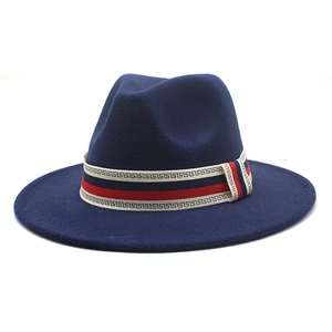 Classic navy blue wool fedora hat with tricolor decorative band and wide brim for unisex