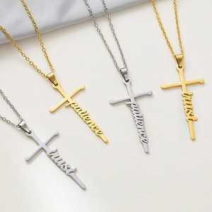 Stainless Steel Cross Necklace With Script Letter Pendant Trust Hope Love Blessed Grace For Women Men Minimalist Jewelry