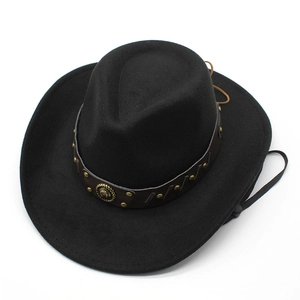 Detail of wool felt western hat featuring a brown leather studded band and windproof rope