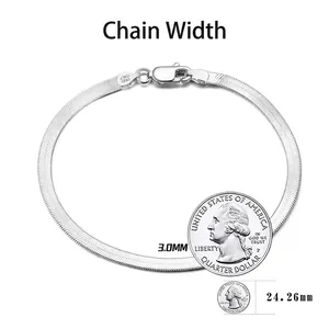 3mm S925 sterling silver flat snake chain bracelet with Italy stamp next to a coin
