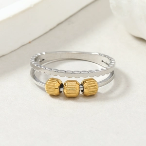 Dual-layer spinner ring in stainless steel with three movable golden gears