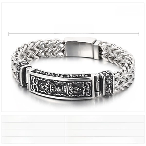 Detailed view of men's stainless steel bracelet with dimensions and embossed metal plaque
