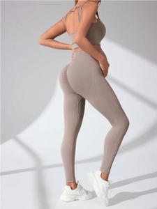 Seamless maternity yoga set with high waist leggings and racerback sports bra in taupe